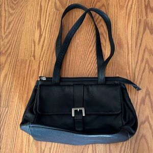 Black Leather Shoulder Bag with Front Buckle Strap